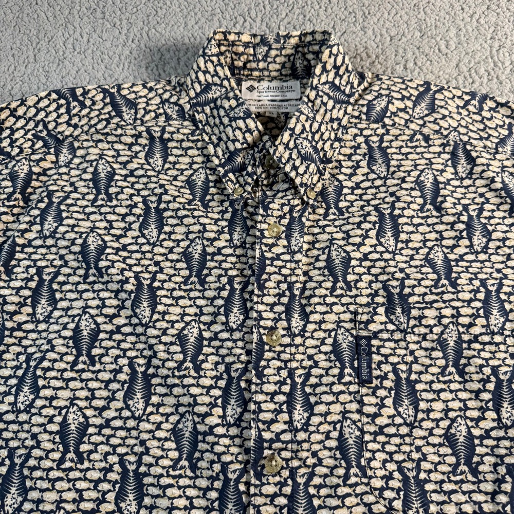 Columbia‎ Mens XL Fish Bone Skeleton Print Short Sleeve Button Down Shirt XM7996
